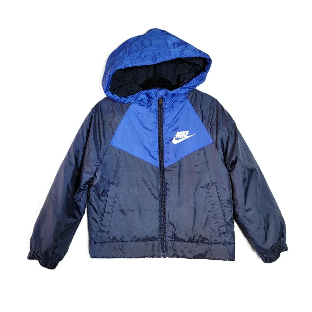 Nike Boys 2T Fleece Lined‎ Jacket Blue Navy Chevron Logo Hooded Kids